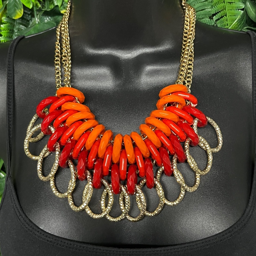 Gold‎ Tone Red Orange Necklace Chunky Bib Statement Multi Strand Resin Link 3980